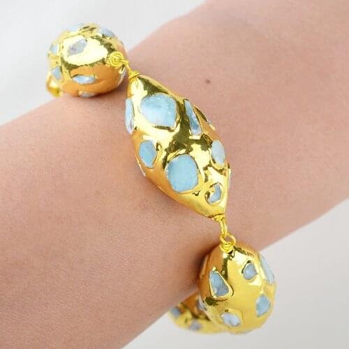 Natural Stone Natural Blue Larimar Gold Color Plated Olive shape Bracelet