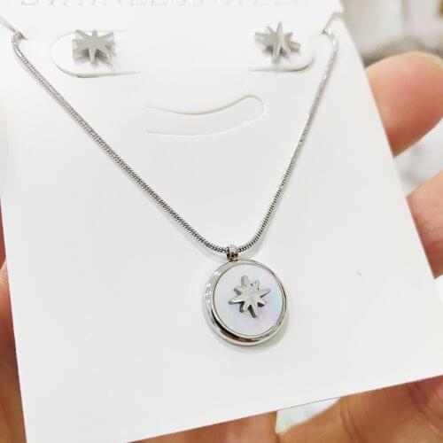 New Fashion Star Pendant Necklace For Women Stainless Steel Set Silver Color Simple Round Geometric Charm Necklaces Earrings