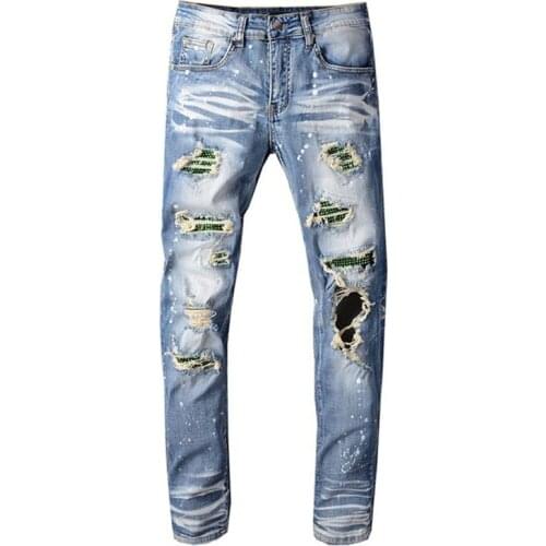 New Mens male fashion casual crystal holes ripped jeans Slim skinny patchwork distressed blue stretch denim pants trousers
