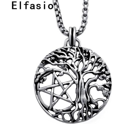 Men Women Pewter Pendant Necklace Yggdrasil Tree of Life Pentacle Pentagram Star with Stainless Steel Chain P305