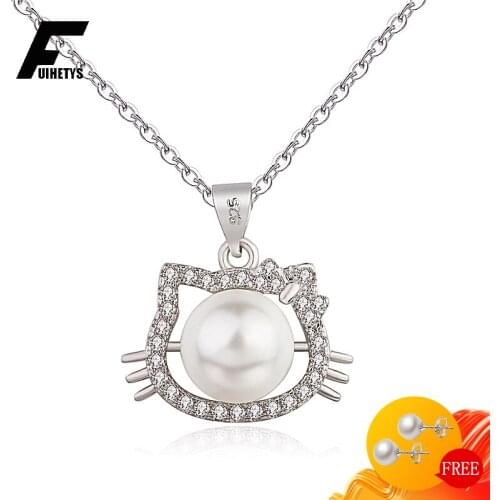 Trendy Pearl Necklace 925 Silver Jewelry with Zircon Gemstone Cat Shape Pendant for Women Wedding Engagement Party Accessories