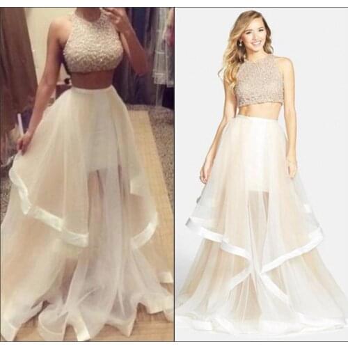 Vestido de festa Two Pieces Prom party gown 2018 Hot New sexy Crew Neck Beads Glitz Organza Ruffles Formal bridesmaid dresses