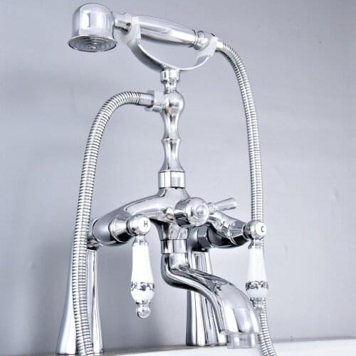 Polished Chrome Deck Mounted Bathroom Tub Faucet Dual Handles Telephone Style Hand Shower Clawfoot Tub Filler atf761