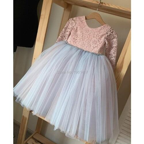 New Coming Flower Girl Lace Dress V-Back Long Sleeves Long Puffy Girls Pageant Gowns Custom Made