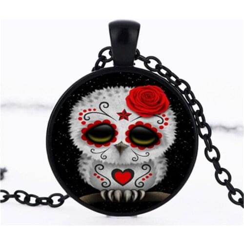 Sugar Skull Owl Animal Photo Cabochon Glass Chain Necklace,Charm Creative Women Pendants Fashion Jewelry Accessory,Friend Gifts