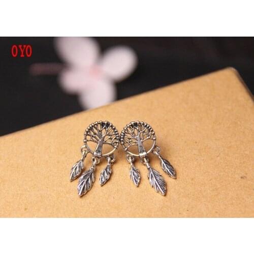 2021 New S925 sterling silver hollow a tree wind chime net earrings personality small feather earrings