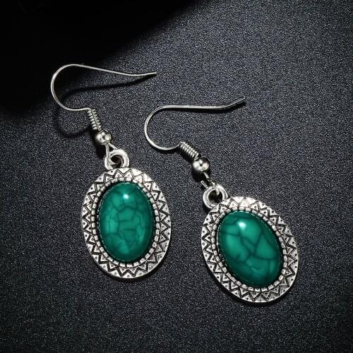 SHUANGR Ethnic Tibetan Silver Color Pendant Earrings Natural Stone Green Drop Earrings for Women Pendientes Turquoises Jewelry