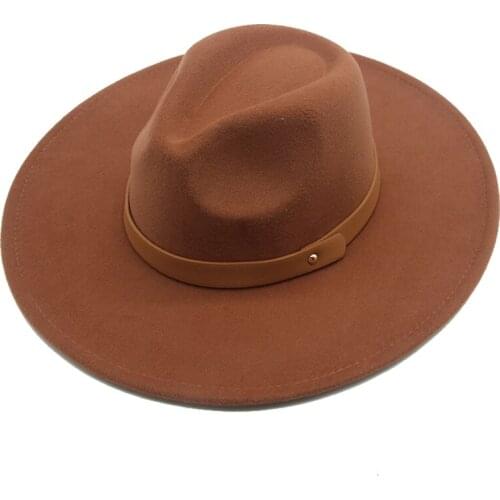 9.5cm big brim fedora hat women men beige white winter autumn felt hats for women classic belt formal wedding fedoras women hats