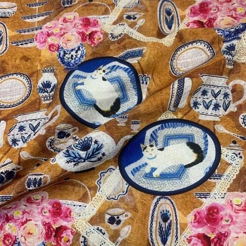Lovely 110cm Width 100% Cotton Fabric Sewing Children Clothing Dress Fabric Tableware Cat Printed Fabric Printed DIY