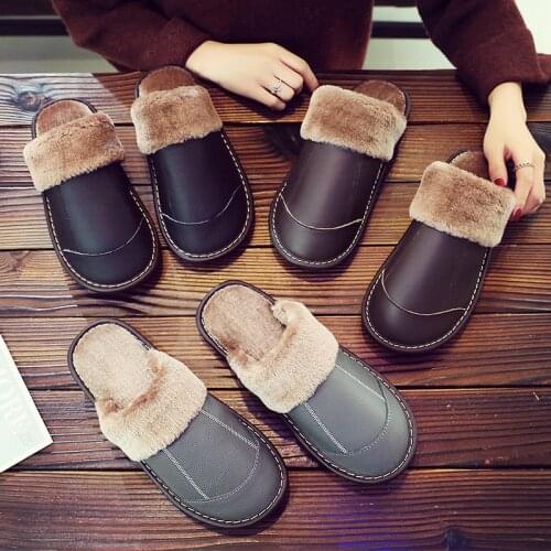 Women Men Autumn Winter Breathable Warm Home Slippers New Thick Couple Leather Slippers Heightened Breathable Waterproof Warm