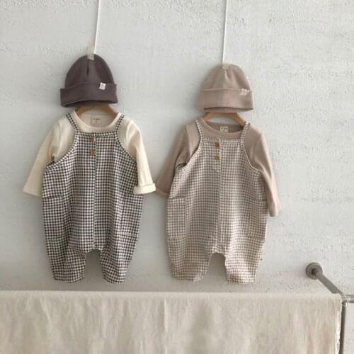 Spring and Autumn Mens and Womens Baby and Infant Childrens Clothing Solid Color Plaid Suspenders One-Piece Rompers Jumpsuit
