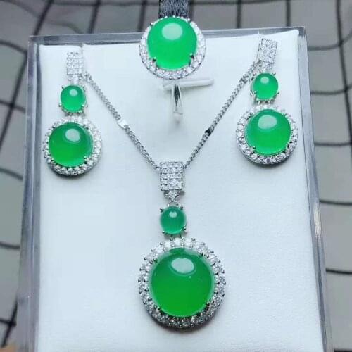 Fine Jewelry Natural Jade Medullary Sets Lucky Blessing Necklace Earrings Ring Silver for Women Party Wedding