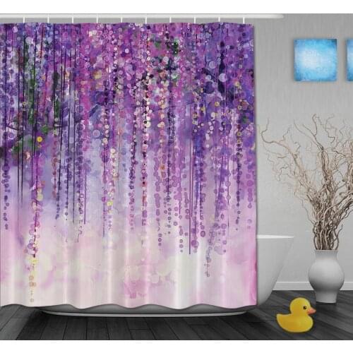 Custom Watercolor Drawing Purple Flower shinny Spring day Shower Curtains Waterproof Fabric With Hooks Bathroom Curtain
