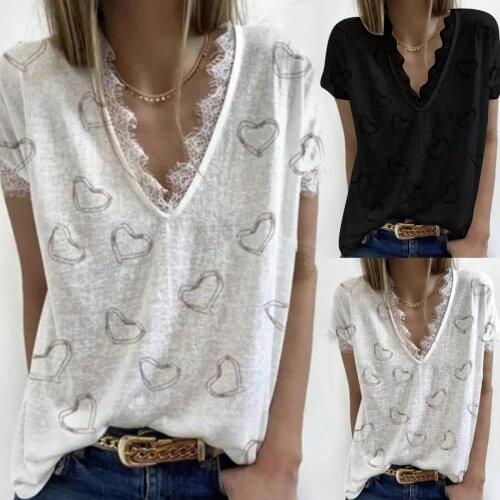 Woman Tshirts Heart Printed V-neck Lace Shirt Casual Tops T-shirt Women Clothing Tshirt Women 2021 De Mujer