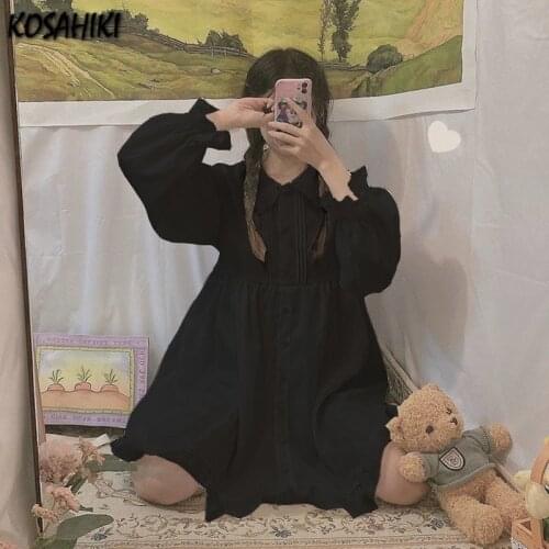 KOSAHIKI Summer Black Peter Pan Collar Sweet Women Dress Harajuku Lolita Kawaii Vestidos High Waist Casual Loose Student Clothes