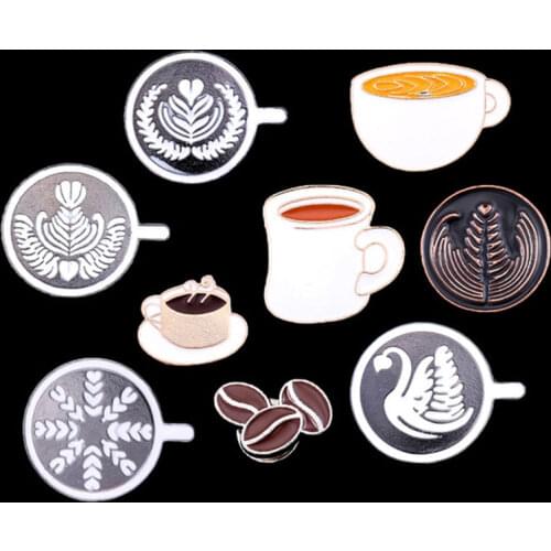 9pcs/set Vintage Coffee Tea Cups Pattern Pins Metal Lapel Brooches Kawaii Latte Swan Beans Design for Backpack Clothing Decor