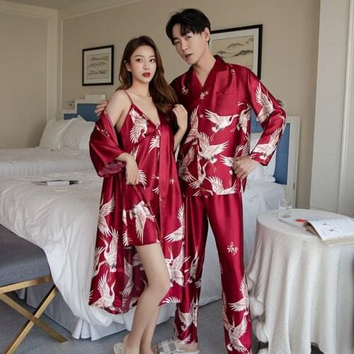 Crane Print Couple 2PCS Sleepwear Women Robe Set Casual Men Pajamas Set Long Sleeve Pijamas Suit Lovers Sleep Set Home Clothes
