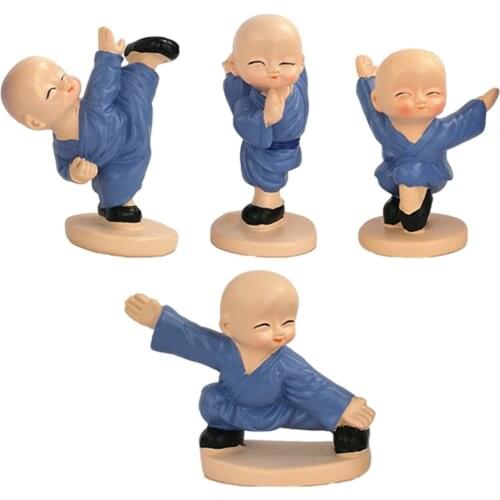 4pcs Resin Little Monk Statue Kong Fu Desktop Figurine Home Office Decoration Small Sculpture Bookcase Figurines Gift