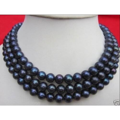 50" Genuine AAA 9-10mm Black Tahitian Pearl Necklace Yellow Clasp