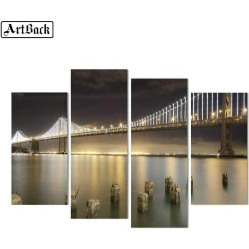 5d diamond painting bridge night view full square round 3d diamond embroidery mosaic artwork living room decoration 1 set 4pcs