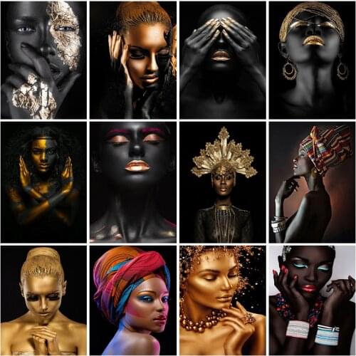 African Art Black Gold Women 5D Diy Diamond Painting Cross Stitch Kit Full Diamond Mosaic Art Rhinestone Decoration Picture