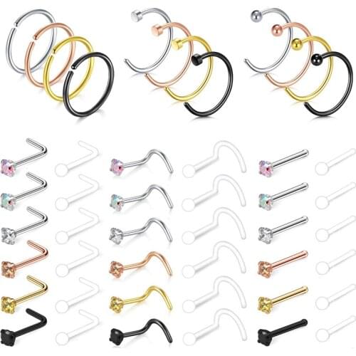 AOEDEJ 48 PCS/lot Indian Nose Rings for Women 316L Stainless Steel Nose Studs Punk Body Jewelry Crystal Nose Pin Studs