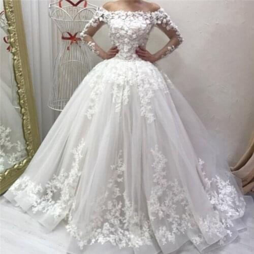 Princess Ball Gown Wedding Dresses Long Sleeves 3D Flowers Appliques Off The Shoulder Illusion Lace-Up Back Bridal Gowns