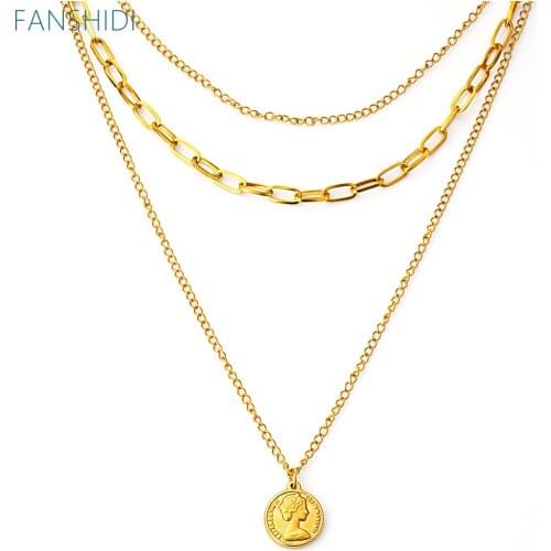 FANSHIDI Stainless Steel Coin Charm Multi Layer Square Link Chain For Women Metal Medal Vintage Necklace Jewelry