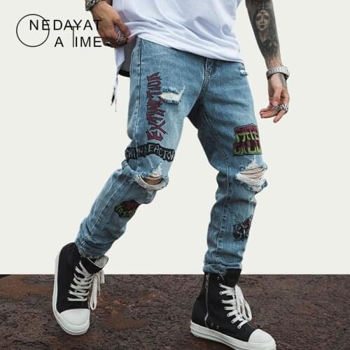 Hip Hop Mens Skinny Jeans Streetwear Graffiti Ripped Hole Slim Fit Jeans Skinny Jeans Men Jogger Denim Pants Male Trousers Jean