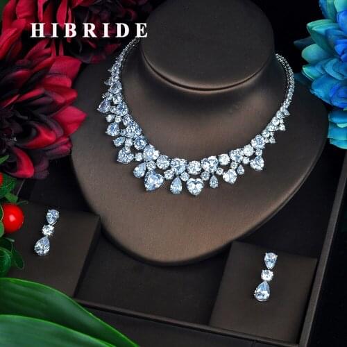 HIBRIDE Heart Shape Crystal Wedding Bridal Jewelry Sets Sliver Color Top Quality Cubic Zircon Wedding Jewelry Necklace Set N-575