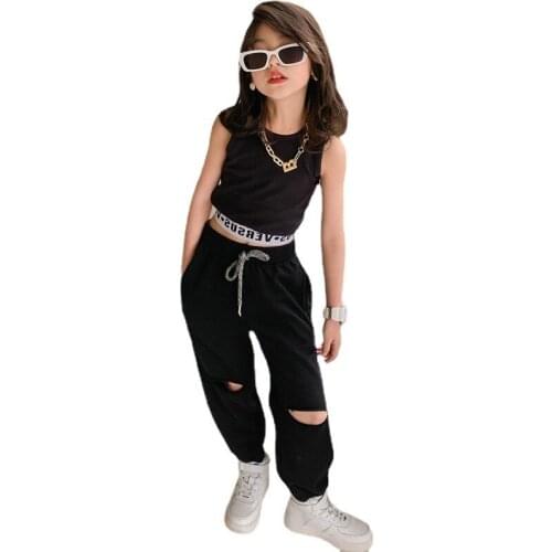 Baby Girls Clothing Set of Summer Clothes Korean Fashion Children Sleeveless Black White T-shirt Hole Pants Hip Hop Party Suit