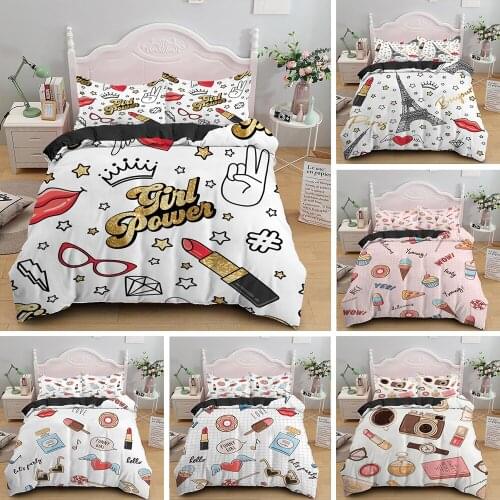 Girls Bedding Set Cute Fashion Cosmetic Duvet Cover Soft Quilt Bed Covers Single Twin Super King Queen Size 2/3 Piece Bedclothes