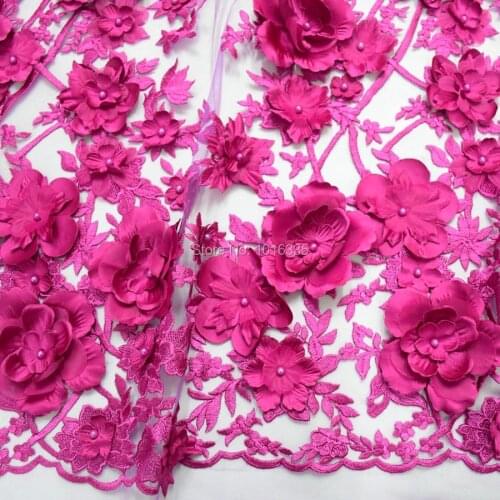 Fushia pink Wedding Dress Lace Fabric, 3D Chiffon Flowers Nail satin Bead High End European Lace Fabric Free Shipping HY0609