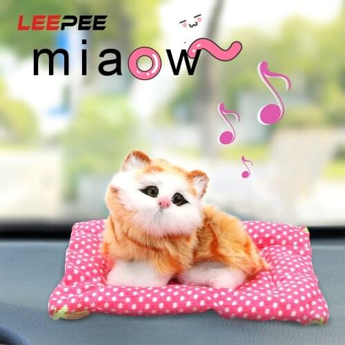 LEEPEE Simulation Plush Cat Doll Auto Accessories With Sound Car Ornament Cute Kitten Toys Dashboard Decoration