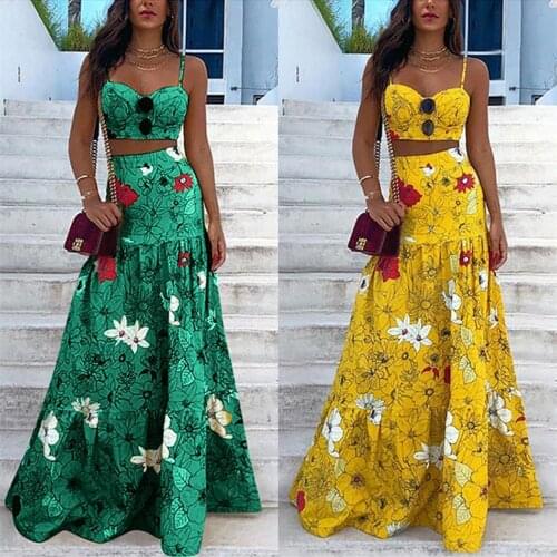 Summer Bohemian Vacation Beach Two Piece Set Women y2k Dress Floral Printed Short Crop Top+High Waist Long Skirt Ropa Femme Suit