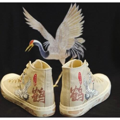 China Style Men Shoes Chinese Character Print High Top Canvas Shoes Flying Crane Pattern Sneakers Fashion Couples Shoes 35-44