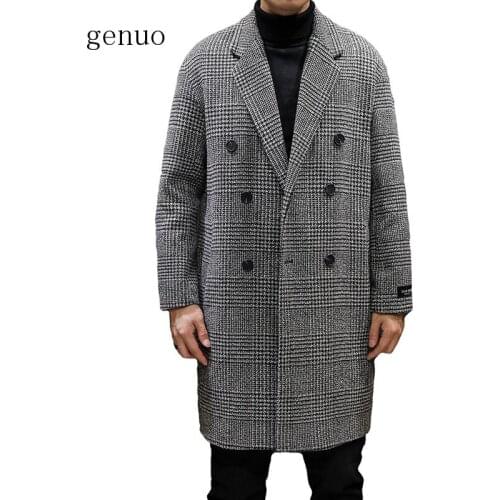 Genuo New Casual Double Breasted Mens Wool Overcoat Winter 2020 Houndstooth Jacket Men Turn-down Collar Long Woollen Wind Coat