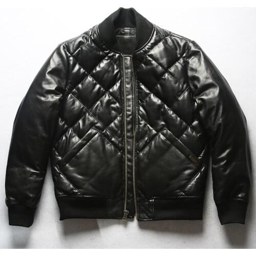 2020 New Men Black Genuine leather Baseball down jacket Fashion Cross lattice sheepskin leather down jacket Russia Winter Coats