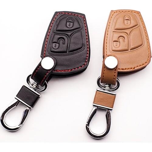 Men Genuine Leather Car Key Bag Cover Case Holder for Mercedes Benz W124 W202 W203 W210 W211 W204 2 buttons remote control