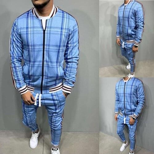 Obrix Male Casual Style Fashion Set Full Sleeve Plaid Pattern Sporty Jacket Drawstring Spring Autumn Pants for Gentleman