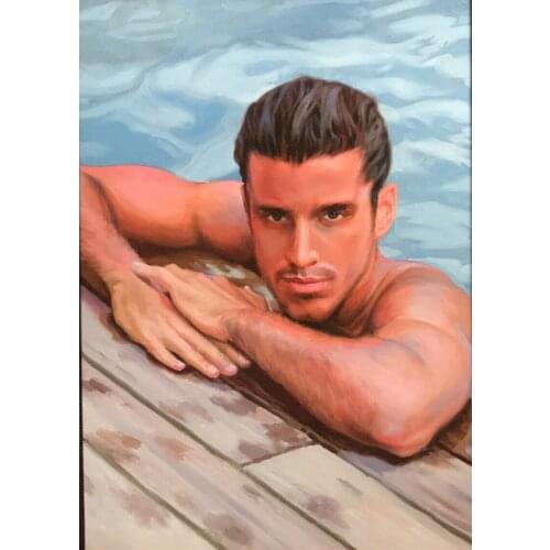 Original Oil Painting, Male Nude,Man, Swimmer Boy, Model, Beauty, Hand Made