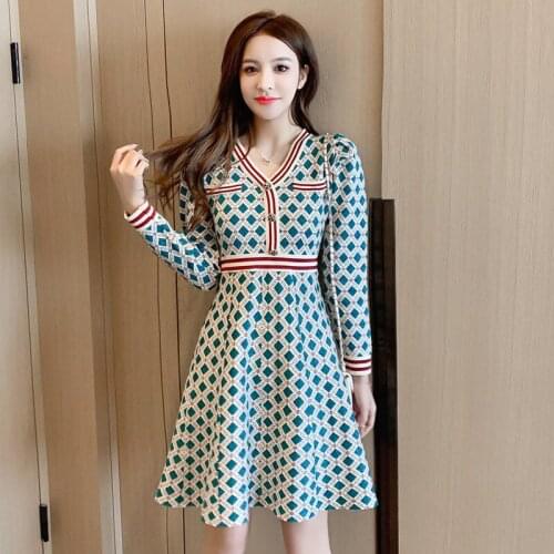 Autumn Winter Plaid Green Dress Women Elegant Button Up Vintage High Quality Ladies Knitted Party Dresses Vestido Navidad Mujer