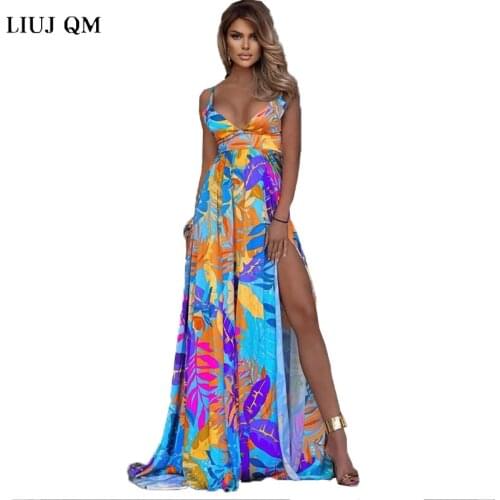 Sleeveless Spaghetti Sling Dress Skinny Open Fork print long Dresses Sexy Party Lady Fashion Beach Style Dress Maxi Summer