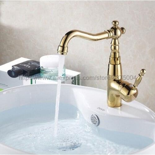 Polished Gold Color Kitchen Faucets Deck Mounted Mixer Tap 360 Rotation Features Mixer Tap For Kitchen Ngf005