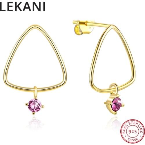 LEKANI 925 Silver Triangle Stud Earrings Crystals From Swarovski Gold Plated Korean Jewelry For Women Party Fashion Accessories