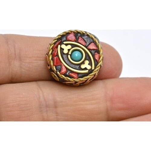 TZ-G02 Antique Nepal Handmade Six-word mantra Brass With Synthetic Coral And Turkey stone Bracelet DIY Bead For Necklace Making