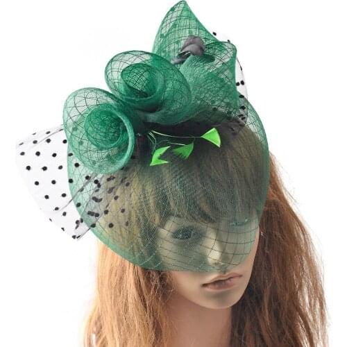 Green Grey Strip Mesh Floral Fascinator Hat Bride Hair Accessories European Cocktail Party Women Feather Fascinator Headdress