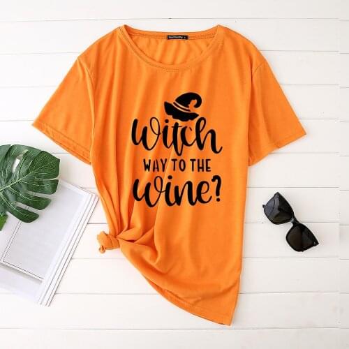 Seeyoushy Witch Way To The Wine Printing Halloween Womens T-Shirt Funny Graphic Tee Tshirt Aesthetic Woman Party Style Tops