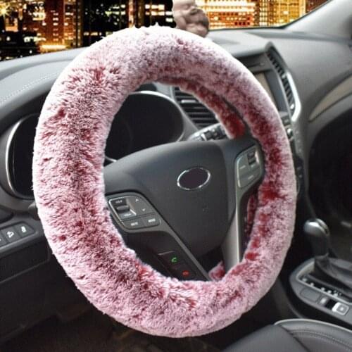 Women Fur Pink Warm Car steering wheel cover Winter Black Auto Interior Accessories 38cm Automobiles Steering-wheel Covers