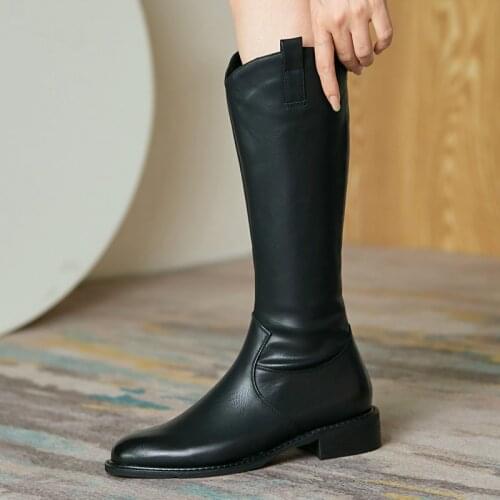 2021 Women Flat With Western Boots Faux Leather Low Heel Knee High Boots Zipper Autumn Winter Long Boots Black Brown Gary